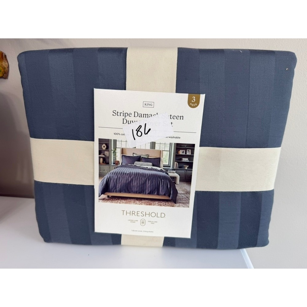 Threshold Duvet Cover Set King Navy Blue Stripe Damask Cotton Sateen NWT